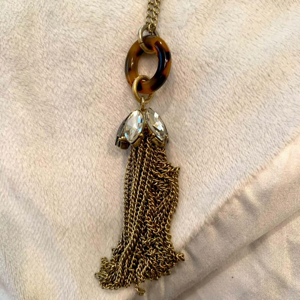 Long pendant necklace w/ tortoise circle & fringe